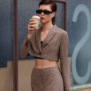 & Other Stories Tan Cropped Linen Blazer  Minimalist Old Money Size 0